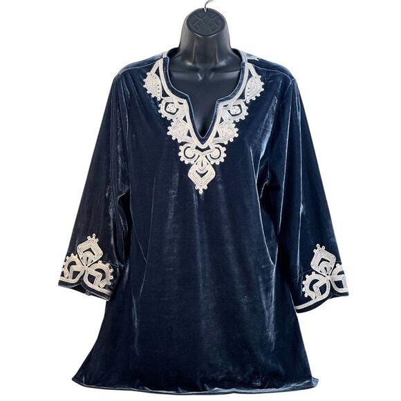 Paparazzi Velvet Blue Floral Womens‎ Tunic Embroidered Boho sz M - Picture 1 of 8